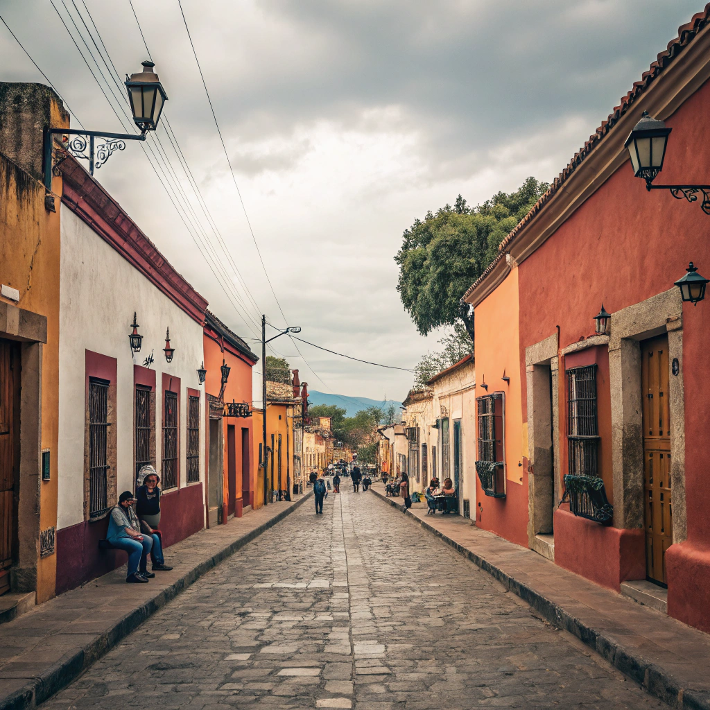 AI generated image by Red Panda AI: calle horizontal de un pueblo mexicano frente la calle 100% horizontal 
