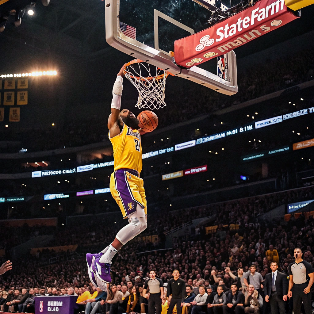 AI generated image by FLUX.1-schnell: LeBron James dunking basketball into net in front of capacity crowd at Lakers playoff game inside Staples Center in Los Angeles