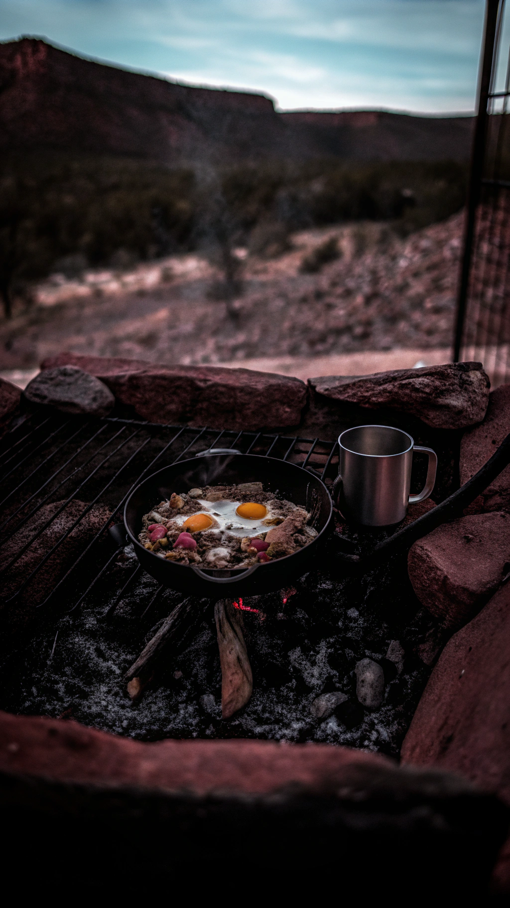 AI generated image by Red Panda AI: A hearty breakfast skillet sizzling over a campfire, filled with golden hash browns, crispy bacon, sunny-side-up eggs, and diced vegetables. The firepit is surrounded by smooth stones, with the scenic view of rolling hills and a blue sky in the background. A metal coffee mug sits beside the skillet, with steam rising into the crisp morning air