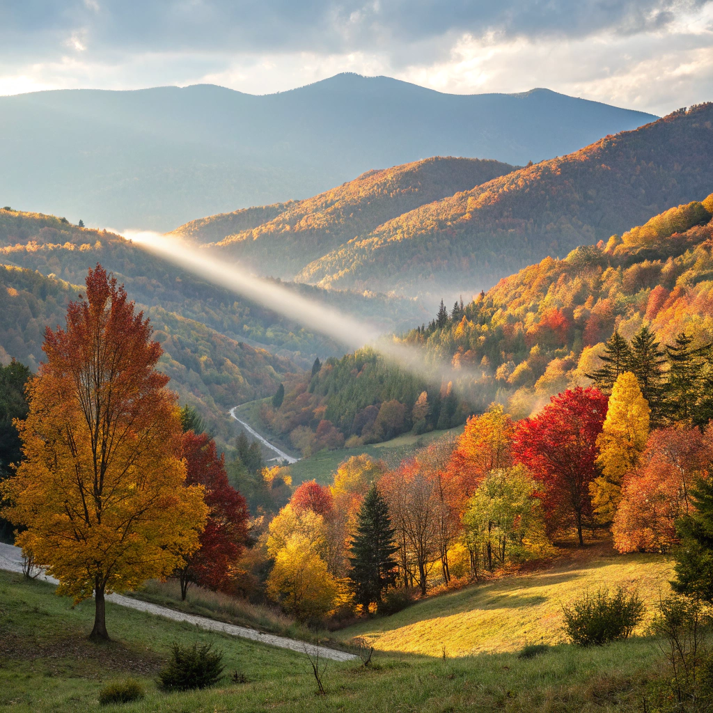 AI generated image by Red Panda AI: Montagne, automne, luminosité magnifique, arbres aux couleurs d'automne, aspect net, humidité dans l'air, rayon de soleil. 