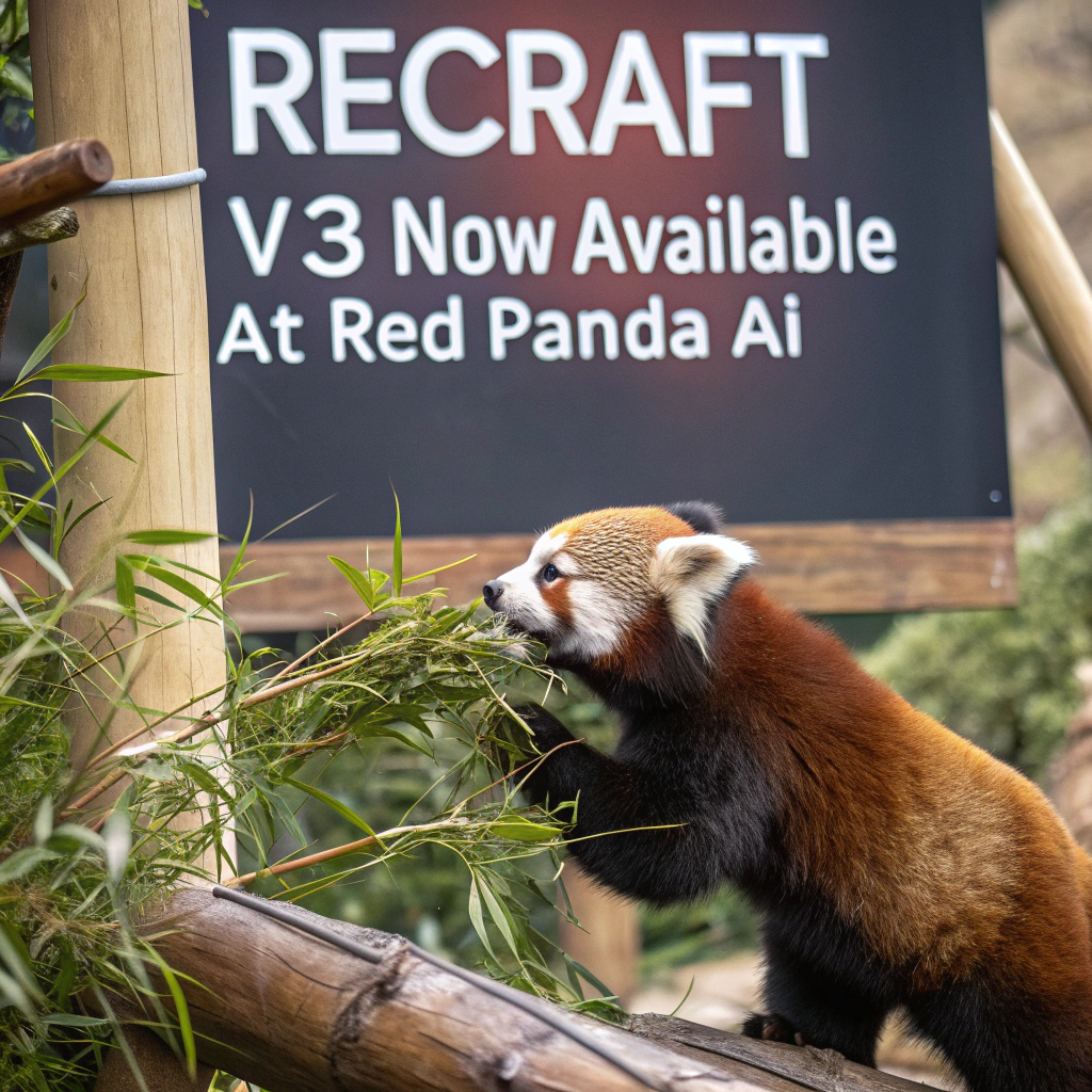 AI generated image by Red Panda AI: a red panda eating a bamboo in front of a poster that says "recraft V3 now available at red panda ai