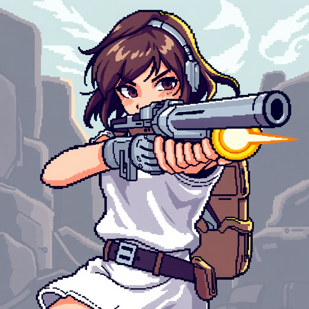 AI generated image by FLUX.1-schnell: pixelart girl aiming a blaster arm