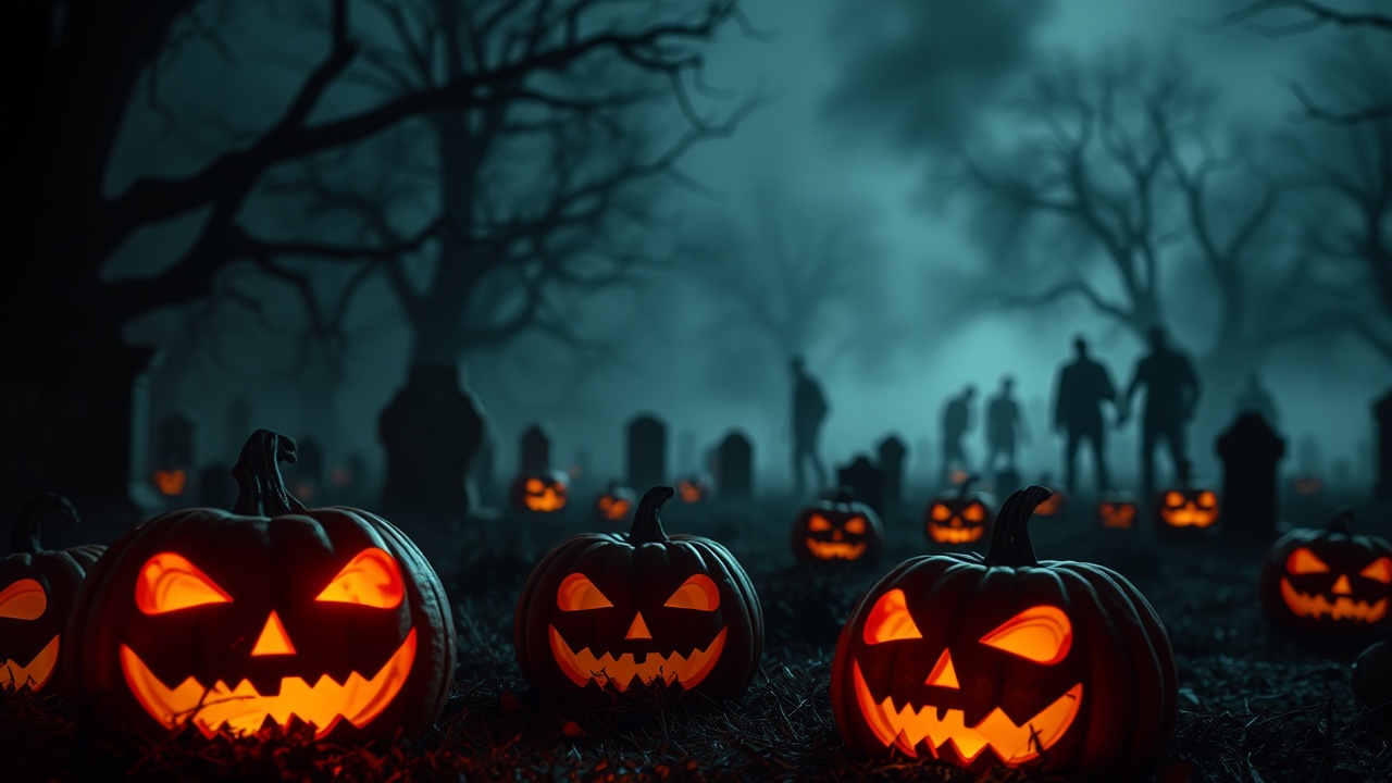 AI generated image by FLUX.1-schnell: Creepy Jack O' Lanterns sitting in a graveyard. Zombies in the distant background walking around. Make it gloomy, misty, dark. Scary. Add the words "Events that took place on Halloween"