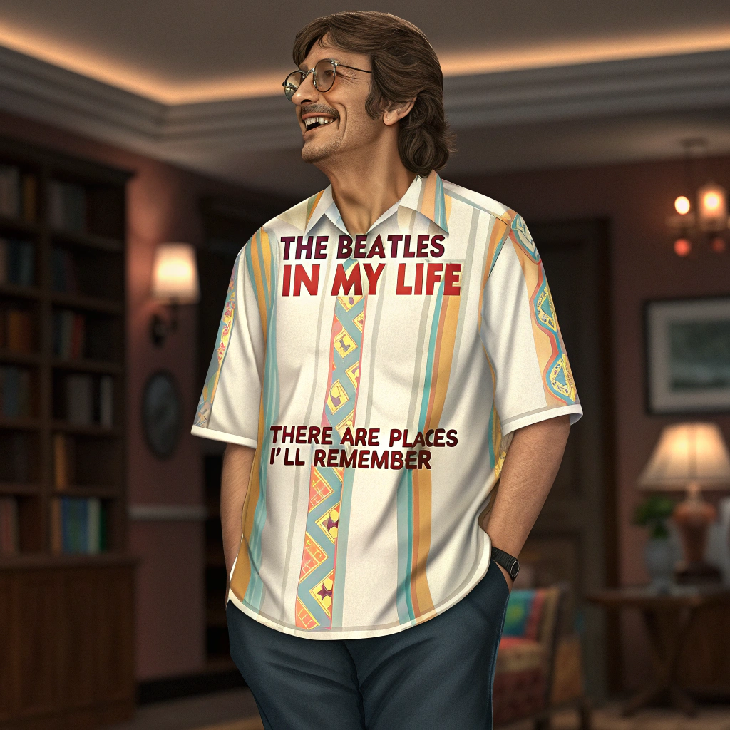 AI generated image by Red Panda AI: a highly detailed and colorful picture of a man wearing a shirt with the first few lines of the beatles "in my life" on it