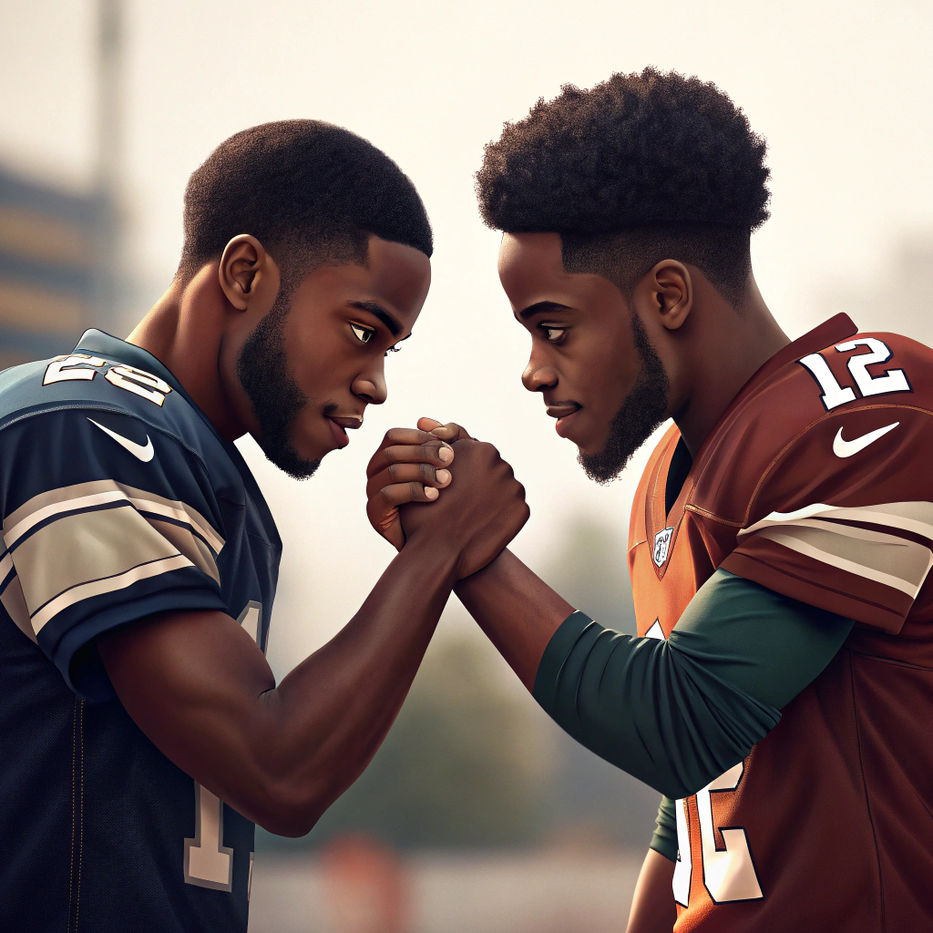 AI generated image by Red Panda AI: Peut tu me faire une image de d'un dessin du style d'illustration numérique qui illustre deux jeunes hommes afro américain avec une coupe de cheveux assez basse et les deux jeunes hommes se tiennent le bras comme pour montrer qu'il font un bras de fer mais en vrai c'est une poignée de main qui illustre la Solidarité et la complicité entre eux deux, et le deux jeunes hommes son en maillot de football. Le fond de l'image est flou, mettant en valeur le personnage au premier plan.