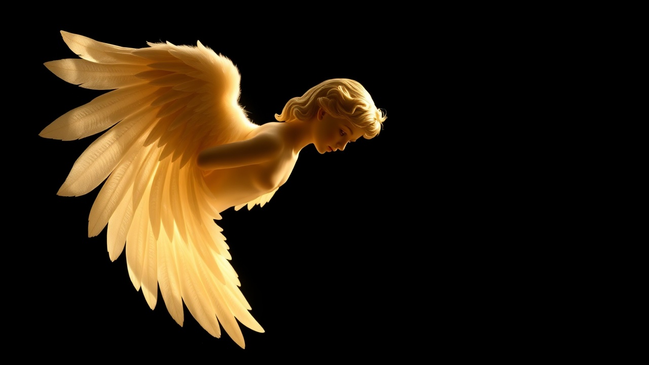 AI generated image by FLUX.1-schnell: a angel on black background... mystical, etheral, heavenly, whole angel is in the image , nothing is out of frame... the angel is oriented sideways and looks down, glowing, heavenly light