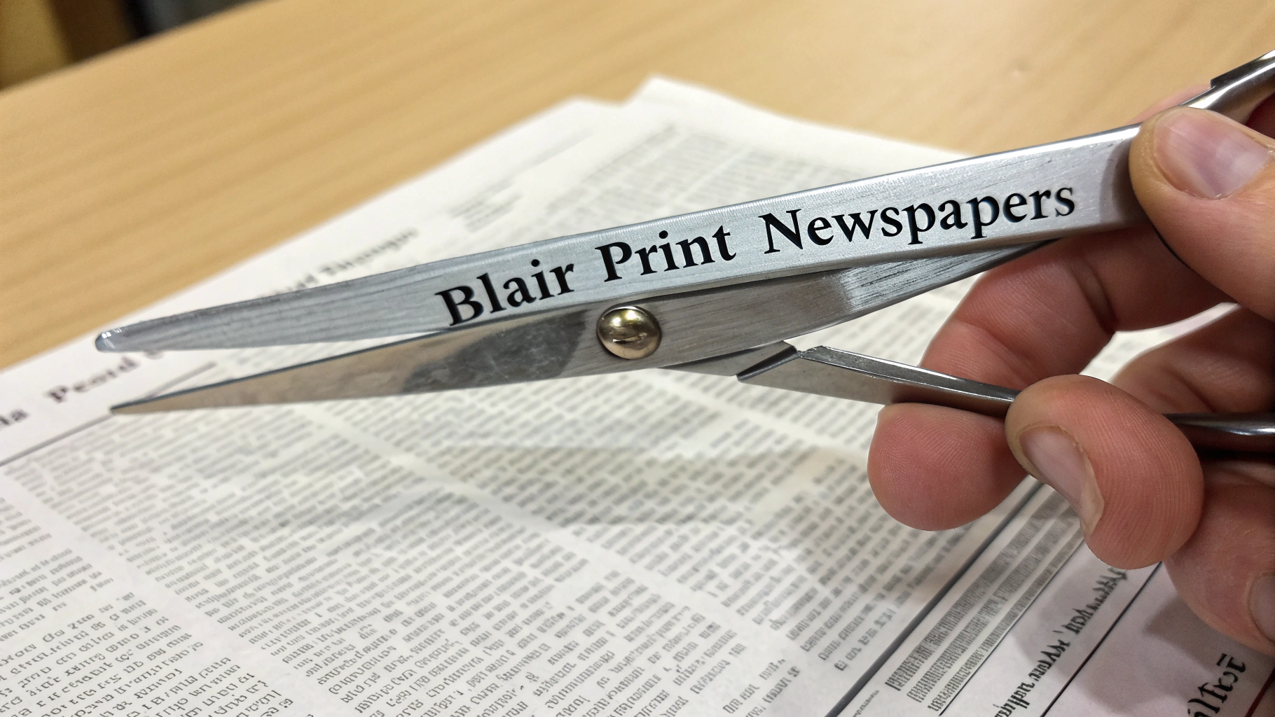 AI generated image by Red Panda AI: clean scissors with "Blair Print Newspapers" engraved on them, being used to cut a newspaper, the scissors have "Blair Print Newspapers" on the side