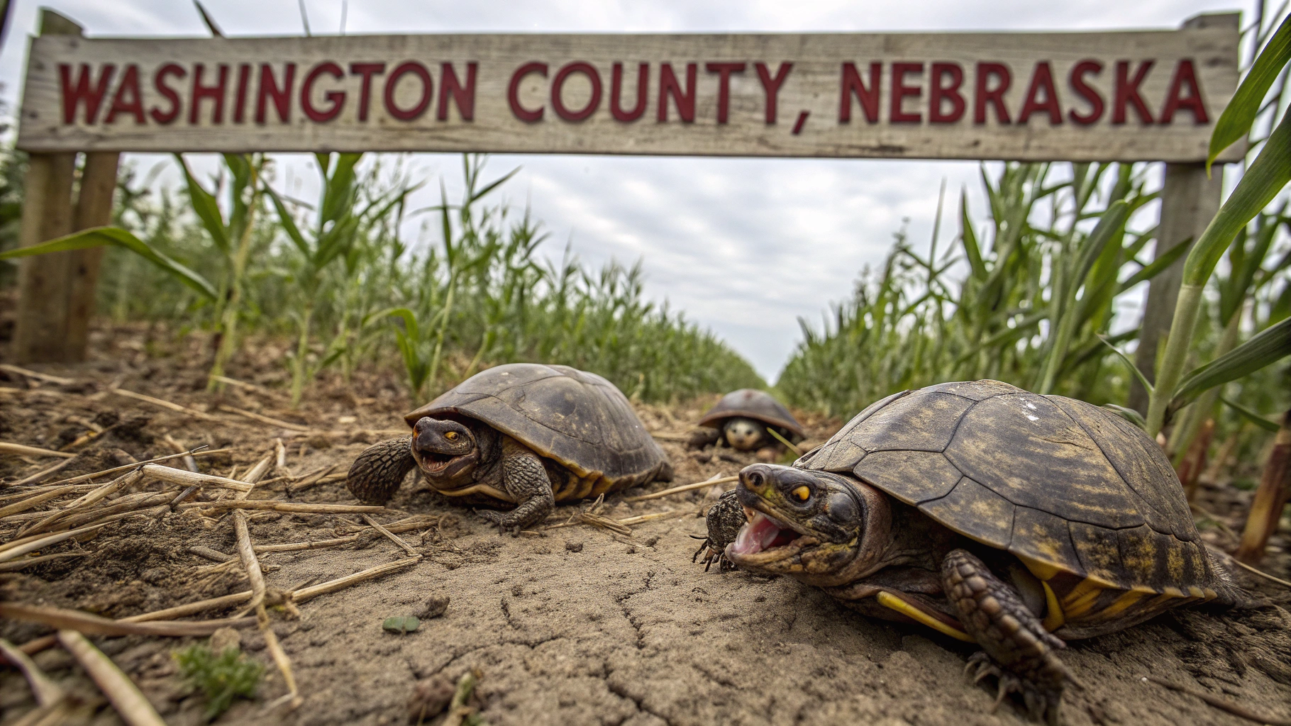 AI generated image by Red Panda AI: Venomous turtles in a cornfield, the turtles are clearly evil, turtles that can kill, dangerous turtles, an old rustic sign says "Washington County, Nebraska"