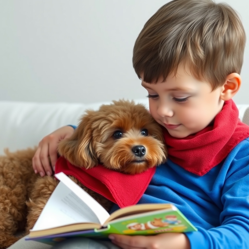 AI generated image by FLUX.1-schnell: A photo of a child reading a book to a dog. The child is 8 of 9 years old and the dog is a small poodle wearing a red triangle towel around its
neck. The dog is lying relaxed beside the child, and the child feels very comfortable.