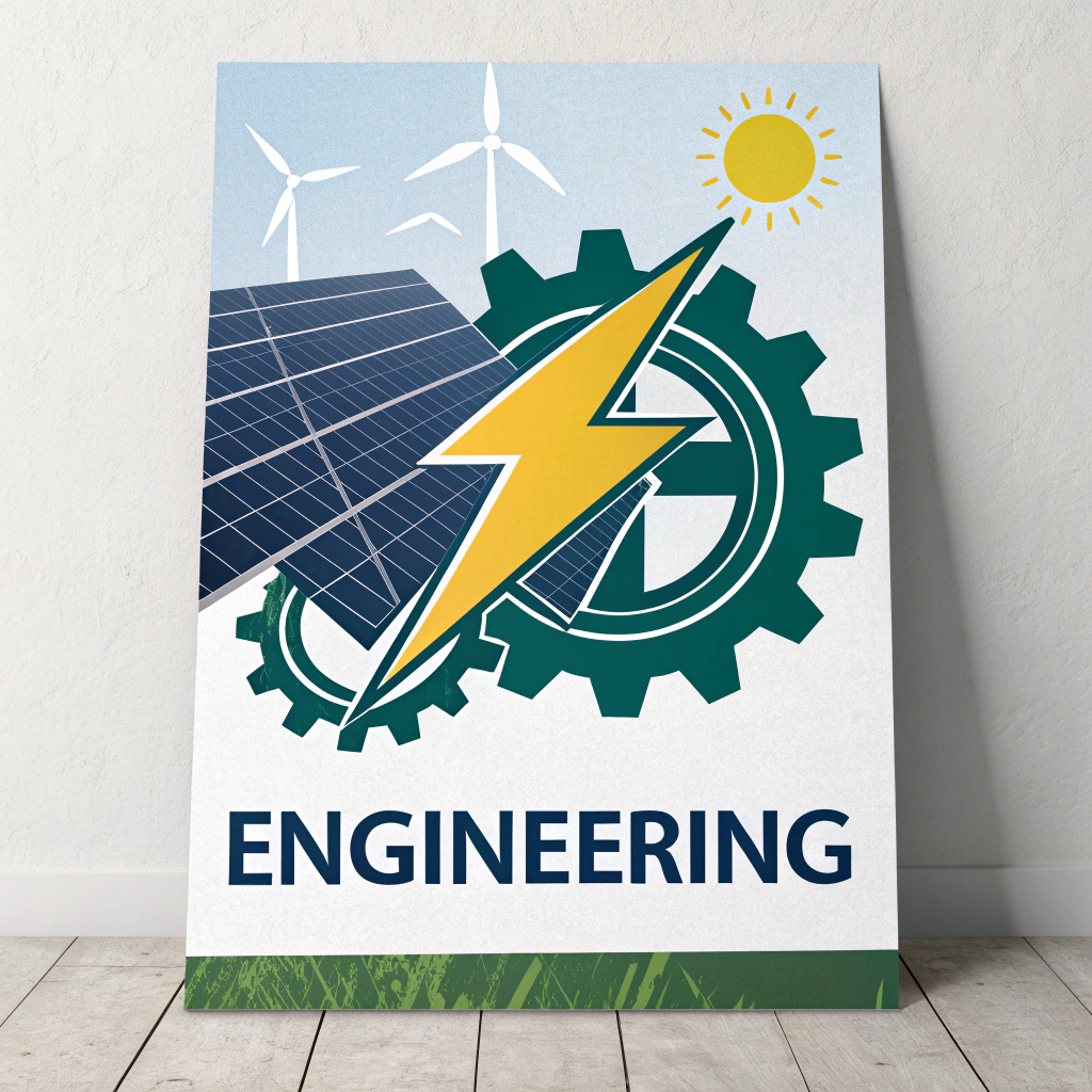 AI generated image by Red Panda AI: Design a modern and professional flyer for a renewable energy engineering company specializing in electrical and mechanical services. The flyer should feature clean, minimalistic design elements that highlight solar energy solutions. Include a large gear as a base to represent mechanical engineering, and incorporate subtle solar panel patterns or sun rays to emphasize renewable energy. A bold, sleek lightning bolt should run across the center to symbolize electricity. Use a color palette of deep blue, green, and yellow to convey technology, sustainability, and innovation. Add the word 'ENGINEERING' in a clean, bold font at the bottom, with space for contact information and project details.