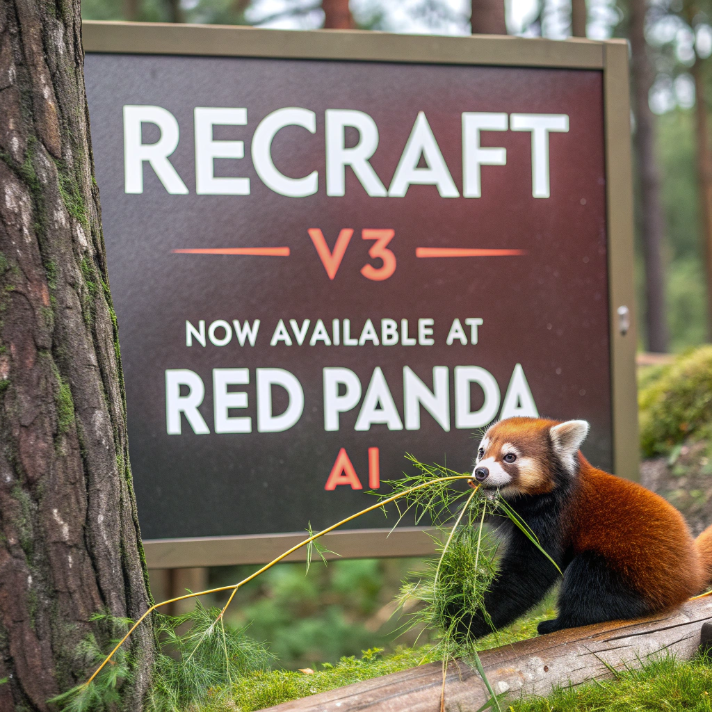 AI generated image by Red Panda AI: a red panda eating a bamboo in front of a poster that says "recraft V3 now available at red panda ai