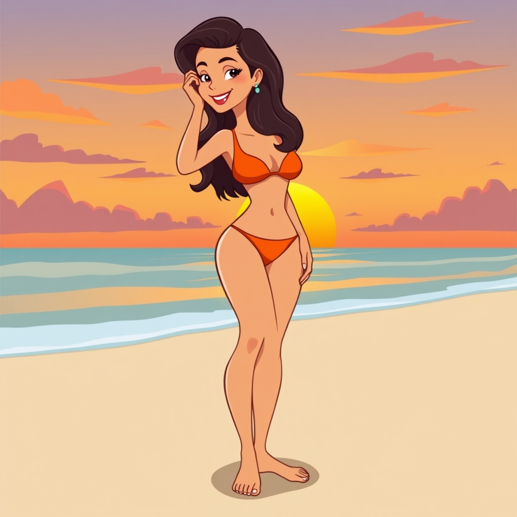 AI generated image by FLUX.1-schnell: Here's an English prompt for a cartoon-style beach sunset with a woman in a swimsuit:

"A cartoon-style beach sunset scene featuring a woman in a swimsuit standing on the sand. The background showcases a magnificent sunset. She could be in a relaxed pose, perhaps with one hand lightly touching her hair and the other on her waist, sporting a leisurely smile. The swimsuit could be in a vibrant color like orange or pink to highlight the colors of the sunset.