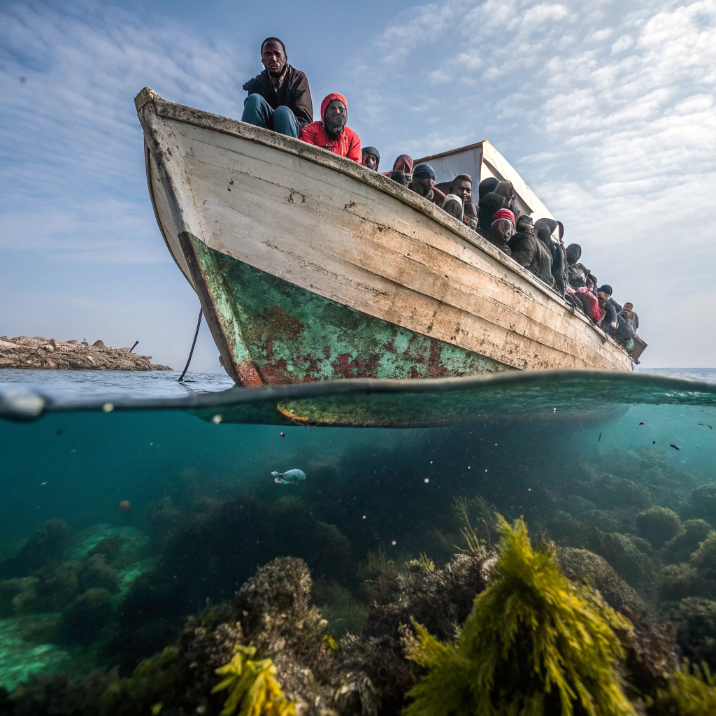 AI generated image by Red Panda AI: splitscreen sea, low viewpoint from underwater, poor maroccan and african sudanese refugees on a crowded old boat, men, women and children, looking desperate hopeless and tired, wearing old clothes and life jackets, low point of view is in the sea viewing the front of the boat large part above the water and the keel of the boat visible under water, triangular composition