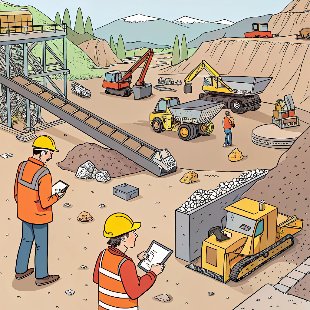 AI generated image by Red Panda AI: Erstelle ein Wimmelbild mit Bauarbeitern mit orangen Warnschutzwesten und gelben Bauhelmen, in einem Steinbruch, umgeben von Förderbändern, Siebanlagen, Baggern und LKW, im Comicstyle