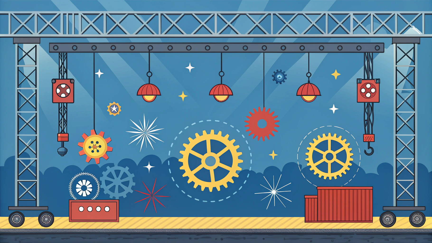AI generated image by Red Panda AI: A colorful and dynamic background inspired by the Bomberman video game style, adapted for a metal structures workshop. It features floating metallic beams, gears, welding sparks, small vibrant explosions, and industrial elements like bolts and rivets. The design should convey energy and fun while keeping an industrial workshop theme, using prominent colors like blue, yellow, and red. Ensure the background is large enough to cover a wide area.