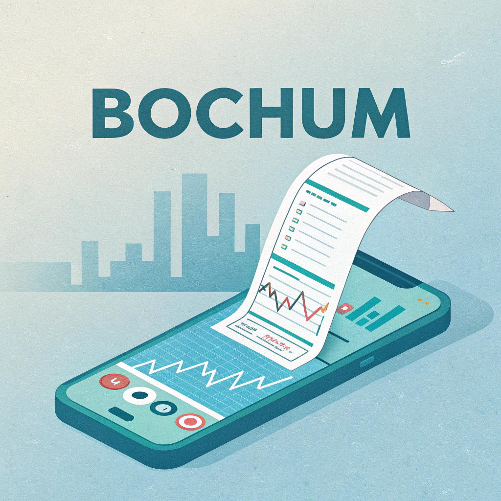 AI generated image by Red Panda AI: there are data news streaming into a cyan smartphone. Somewhere in the back of the picture there is the text "Bochum".