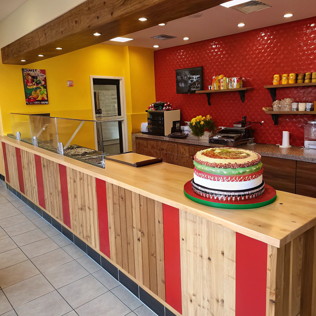 AI generated image by Red Panda AI: mostrador de madera con paredes rojas y amarillas sin mesas de restaurante de franquicia pequeña mexicano con torta mexicana
