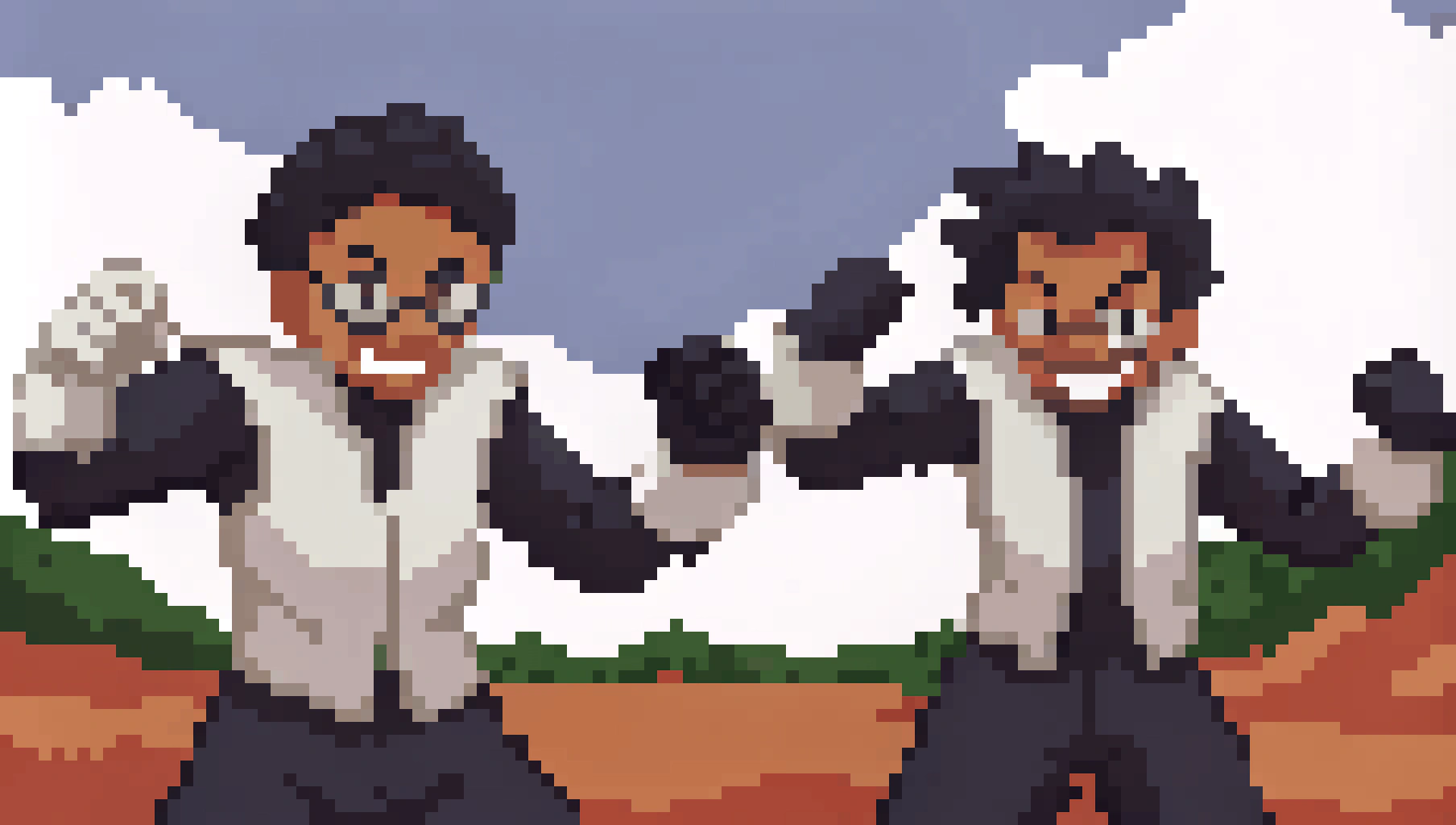 AI generated image by Red Panda AI: A colorful cartoon portrait illustration featuring two fierce anime-inspired characters with confident expressions and exaggerated features. One character has a haircut and wears a black and white suit with fingerless gloves, the second has glasses and wears a black and white suit, both are in a dynamic pose suggesting movement and power. The background shows a bright blue sky with white clouds and green hills, contributing to a vibrant and energetic atmosphere.