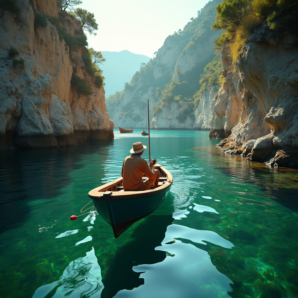 AI generated image by FLUX.1-pro: A fisherman in the boat close to the Mediterranean coast with lush vegetation, amid the afternoon sunlight, without sun, visible and with beautiful emeralds color of the seawater