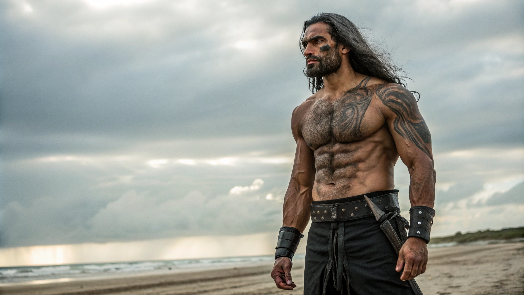 AI generated image by FLUX.1-schnell: A low angle shot of a masculine person with dark gray skin, dark eyes, and very long-length dark gray hair. He has scars on his face and wears black clothes with a militaristic and tribal design. has a stoic expression. The background is a black sand beach with clouds and fog. He is shirtless, exposing his scarred chest. He's covered in ash. His body is covered in many battle scars and burn scars. Scars tinted gray. There is a bulge in his pants. He has sharp black fingernails. He wears a black communicator on wrist. Body hair, hair on chest, and stomach. Dark gray stomach, and chest skin. Towering over the viewer. Looking down at viewer. Low angle shot. Pointing a tribal knife at the viewer