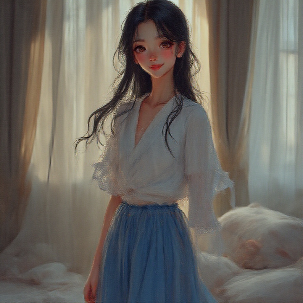 AI generated image by FLUX.1-pro: a mind blowing super realistic 8k image of an girl with a fair face, with a height of 175cm, long black hair, smiling happily for a photoshoot in a long blue skirt in a hotel room