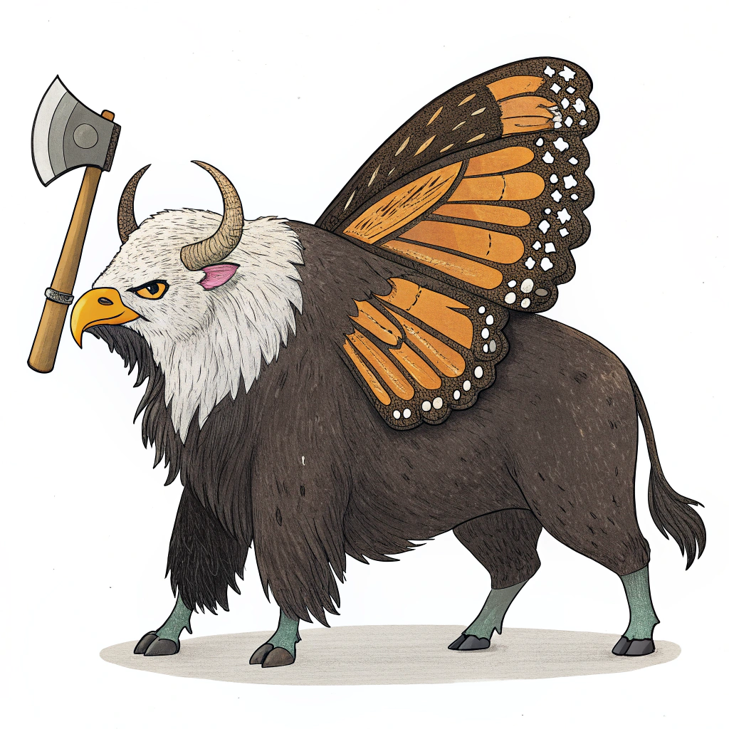 AI generated image by Red Panda AI: Aquí te dejo una lista simple de la descripción:

- Cuerpo de toro
- Cara de águila
- Alas de mariposa en la espalda
- Patas pesadas de toro
- Cuernos
- Martillo en la mano derecha