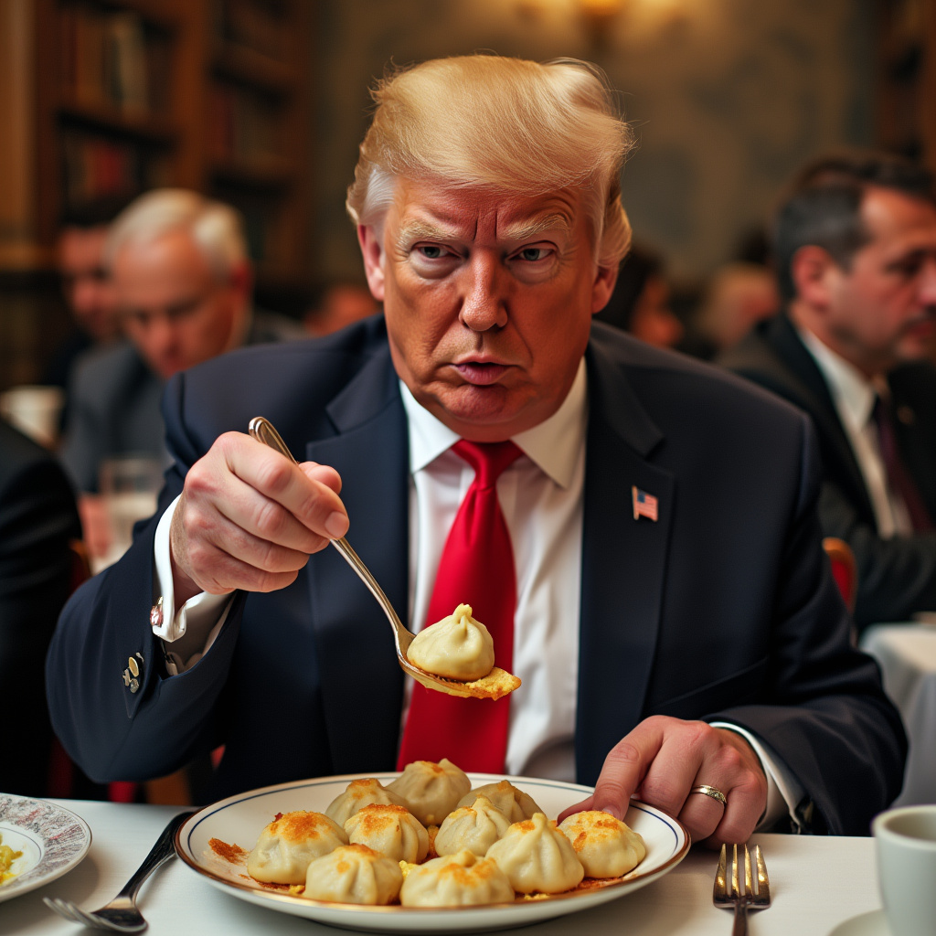 AI generated image by FLUX.1-pro: Donald Trump in Cracov eating pierogi