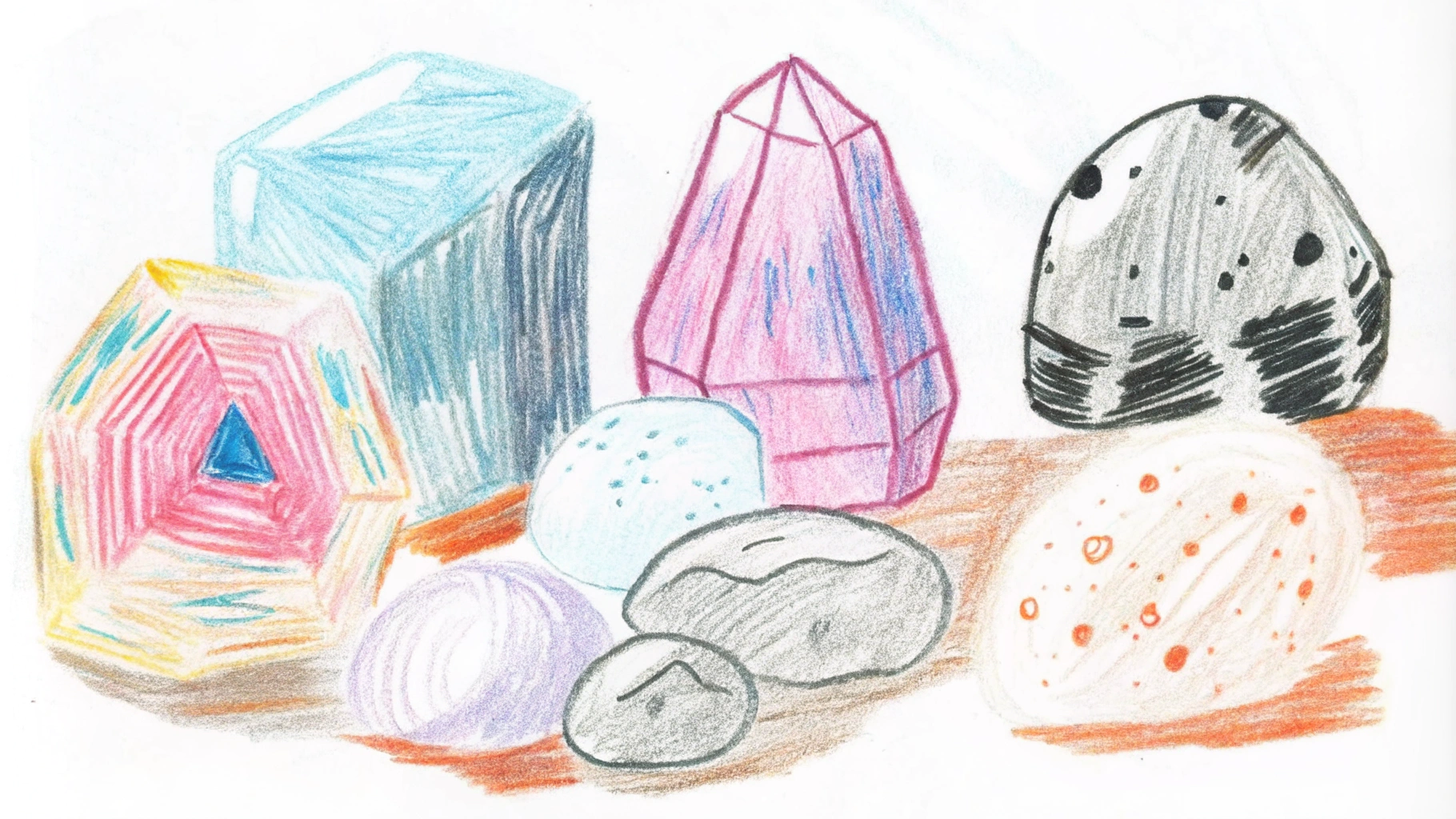 AI generated image by Red Panda AI: a collection of rocks, geodes and crystals in the style of a grade school child's crayon drawings