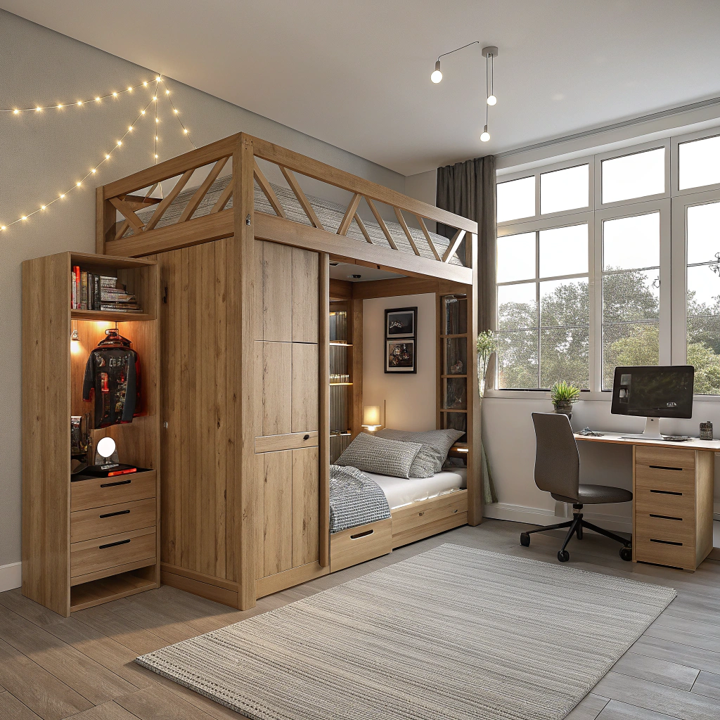 AI generated image by Red Panda AI: Male ein 3d bild von einem traumzimmer mit hölzermen hochbett, einem schrank, einem leuchtendem geming pc in der ecke, einem schreibtisch und einem großem zimnmer