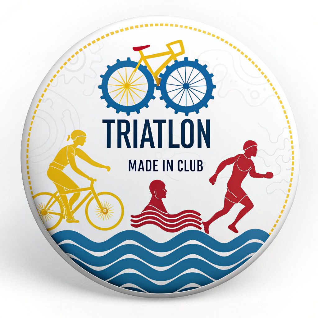 AI generated image by Red Panda AI: Create a circular illustration for a triathlon event. The design should symbolize the three activities: swimming (represented by waves or a swimmer), cycling (with a bicycle wheel or cyclist), and running (a runner silhouette or footsteps). Use vibrant colors: blue for swimming, yellow for cycling, and red for running. Include the text 'Triatlón Made in Club' prominently in the center or integrated into the design, in bold, modern font. Ensure the design is clean, dynamic, and ready for printing on a 2D surface without additional mockup elements. The style should be professional and eye-catching, suitable for a medal