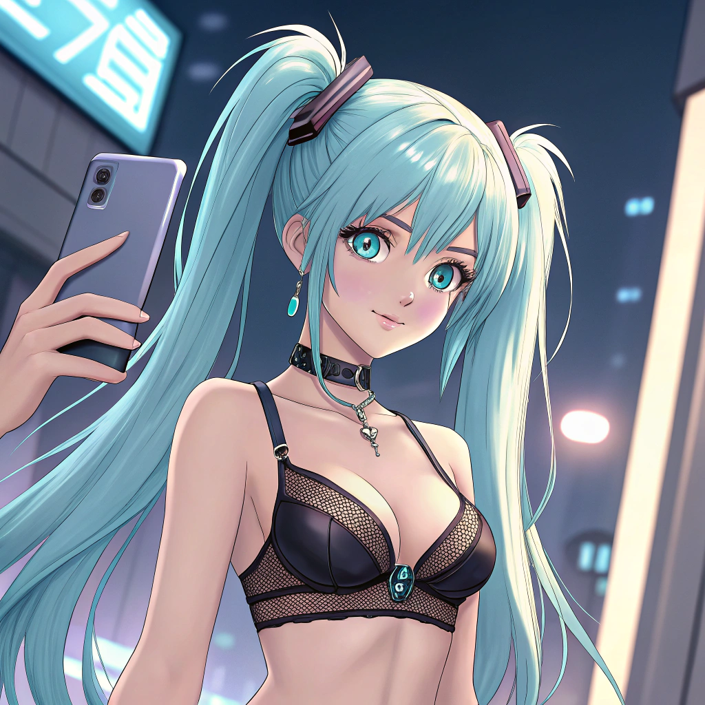 AI generated image by Red Panda AI: full-body anime style illustration of a beautiful young woman, light skin, slim and athletic body, large expressive sky-blue eyes, long light-blue hair in twin tails (two high ponytails), glossy detailed hair, elegant black lace lingerie with subtle cyberpunk elements and metallic accents, visible toned stomach and slim waist, light-blue nail polish matching her hair, soft innocent yet mature expression, taking a selfie with a sleek futuristic smartphone, playful confident pose, slightly tilting her head, small cute smile, soft futuristic bedroom background with neon accents, soft lighting, glossy reflections, highly detailed digital art, vivid colors, smooth shading, consistent with previous designs, anime rendering, high detail face and body proportions, cinematic lighting.