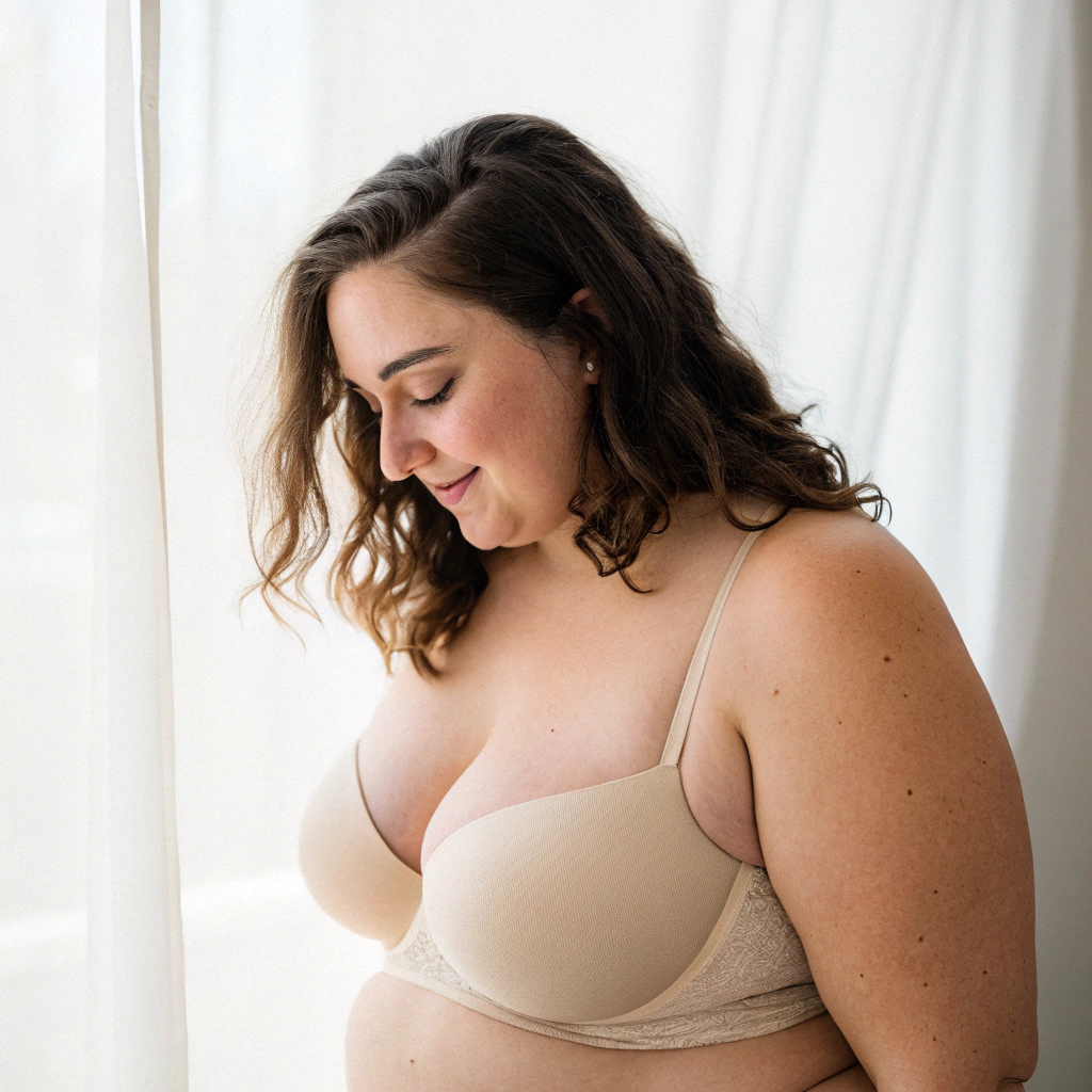 AI generated image by Red Panda AI: amature nude, slightly overweight, big breasts, shy, 25 years old