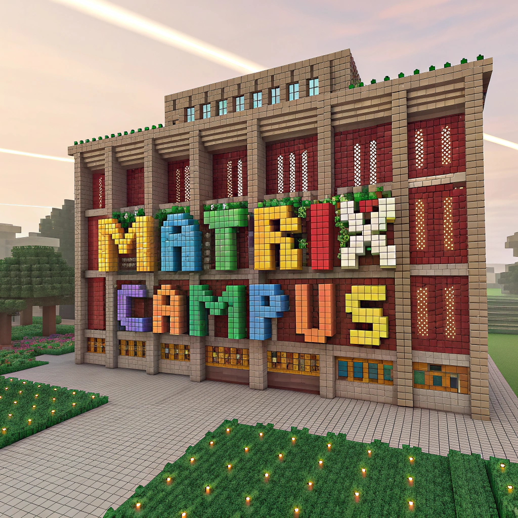 AI generated image by Red Panda AI: Mundo de MINECRAFT con las palabras MATRIX CAMPUS integradas en los bloques de un edificio del juego
