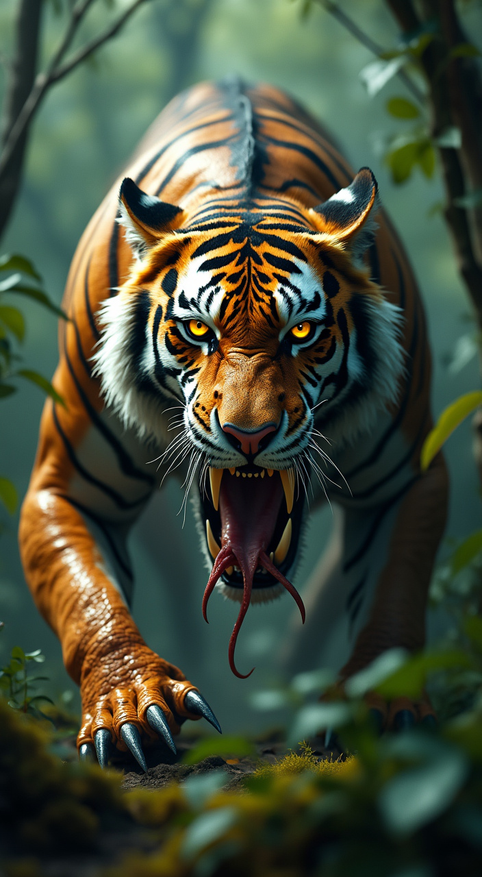 AI generated image by FLUX.1-pro: "A fearsome tiger fused with a Komodo dragon, scaly hide, long forked tongue, venomous bite, razor-sharp claws, prowling in a dense jungle, glowing yellow eyes, extremely detailed, ultra-realistic, intense atmosphere, highly cinematic"
