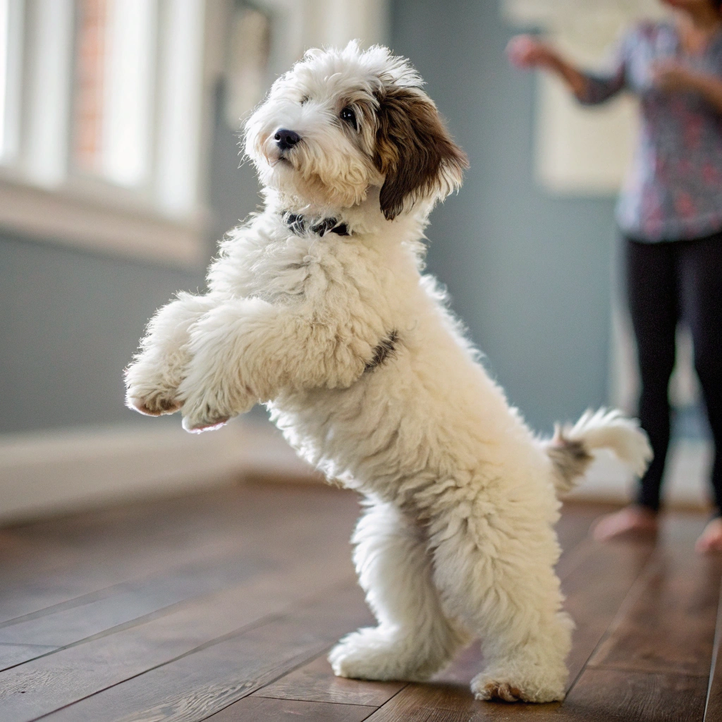 AI generated image by Red Panda AI: quiero un perro mini sheepadoodle blando completamente este parado en dos patas como humano estirado de frente completo