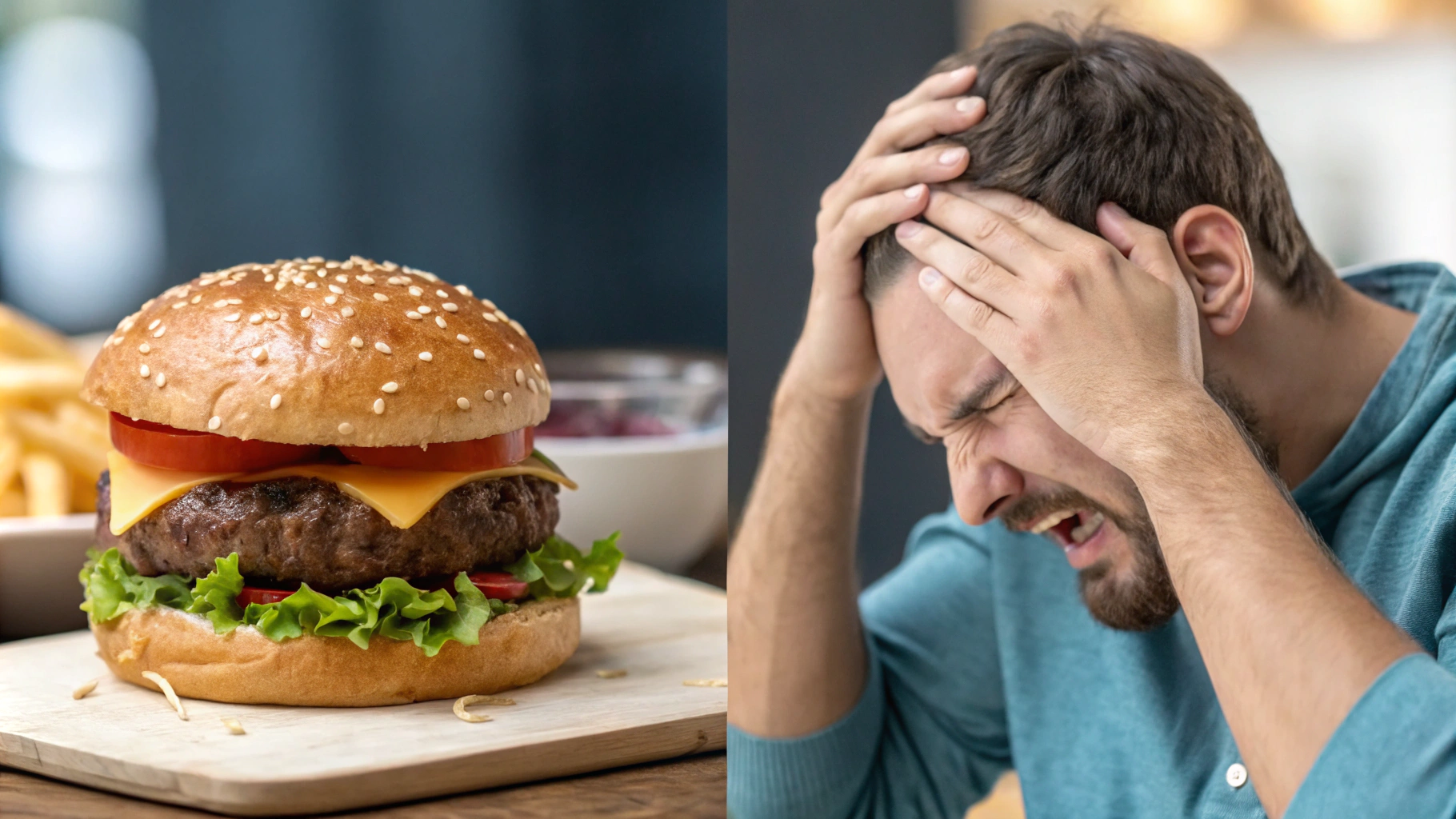 AI generated image by Red Panda AI: very beautiful looking hamburger on the left side of the picture and man looking in pain with his hands on his head with his brain being visible and painful 