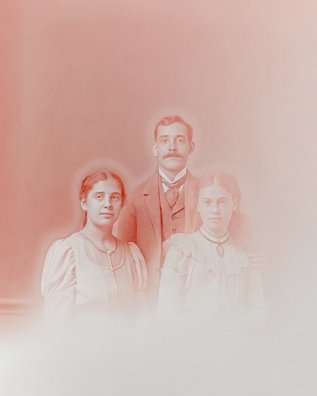 AI generated image by Red Panda AI: A hauntingly beautiful ghost family portrait, rendered in a vintage sepia tone with wispy, ethereal figures and a faded, old-world charm.