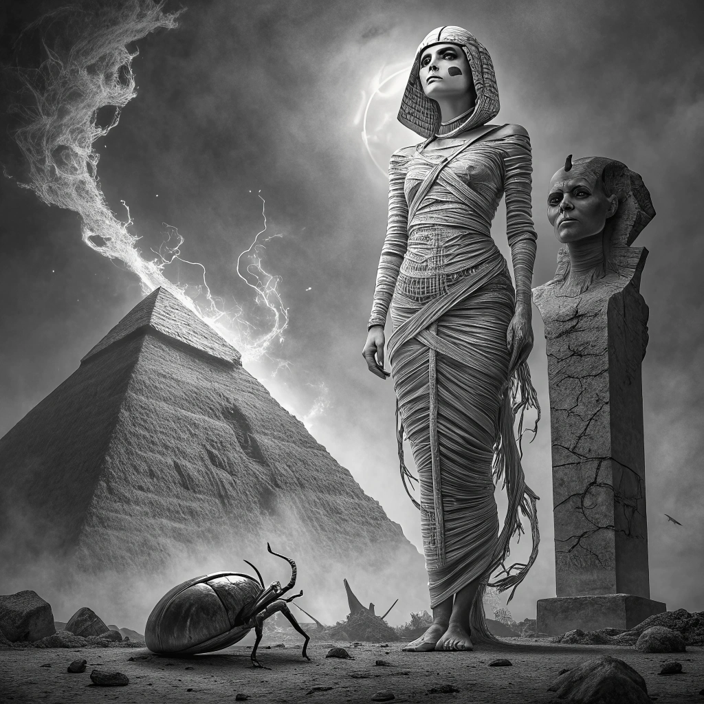 AI generated image by Red Panda AI: Hyper-realistic black and white tattoo-style illustration of an Egyptian mummy standing upright, wrapped in intricate and detailed bandages, creating a dynamic texture and depth. The face of the mummy is that of an incredibly beautiful woman, with delicate, angelic features and a captivating, radiant gaze that contrasts with the eerie and ancient atmosphere. A large, highly detailed sacred scarab beetle is prominently positioned at the bottom, resting on a cracked pedestal, symbolizing protection and rebirth in Egyptian mythology. The background features swirling smoke, broken stone fragments, and ancient hieroglyphic patterns, adding to the mystical and timeless feel. The composition is vertically elongated, perfectly proportioned for a leg tattoo, with a dramatic contrast between light and shadow for a bold, striking result