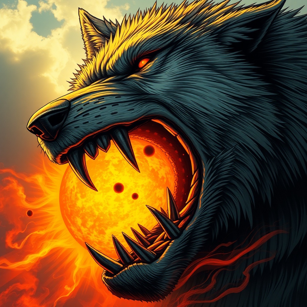 AI generated image by FLUX.1-schnell: A giant wolf eating the sun. The sun is fully being chewed by the jaws of the wolf. We can see teeth piercing the sun.