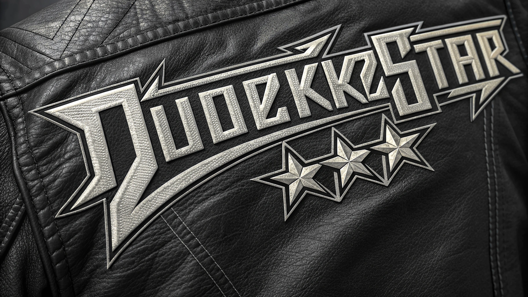 AI generated image by Red Panda AI: "Dude Rokkstar" (spelled DudeRokkstar) logo using a heavy metal font, bold, strong, powerful, as a patch on a leather jacket