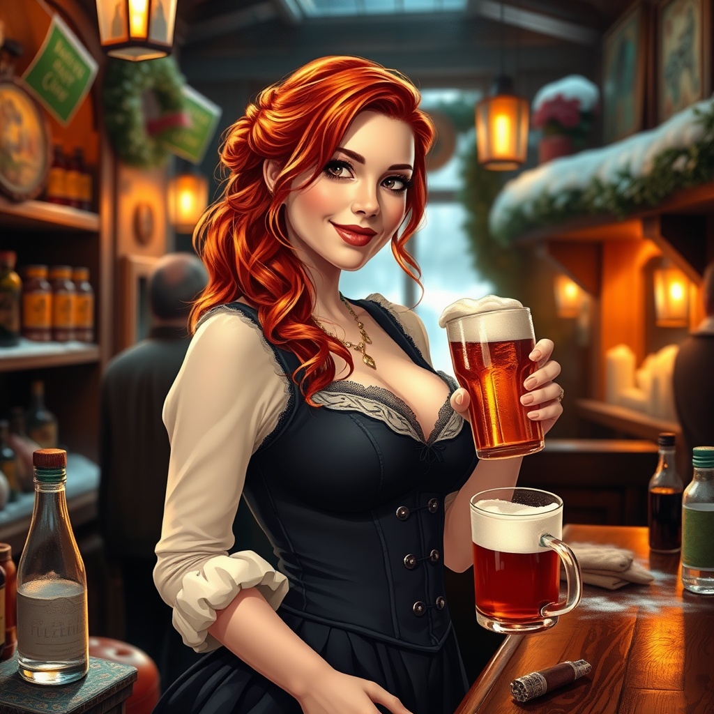 AI generated image by FLUX.1-schnell: Busty redhead barmaid serving pints in a cozy tavern on a cold winter day wearing a low cut bodice, cute, high quality