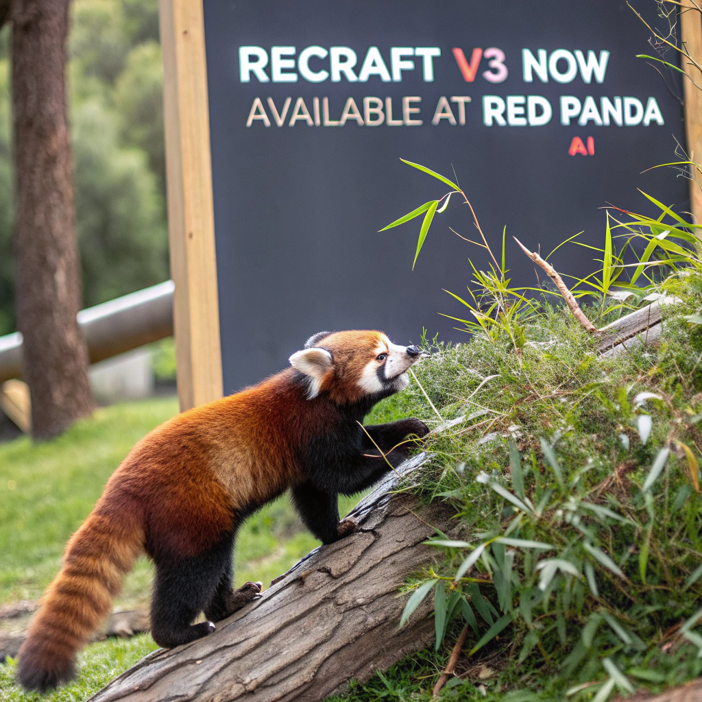 AI generated image by Red Panda AI: a red panda eating a bamboo in front of a poster that says "recraft V3 now available at red panda ai