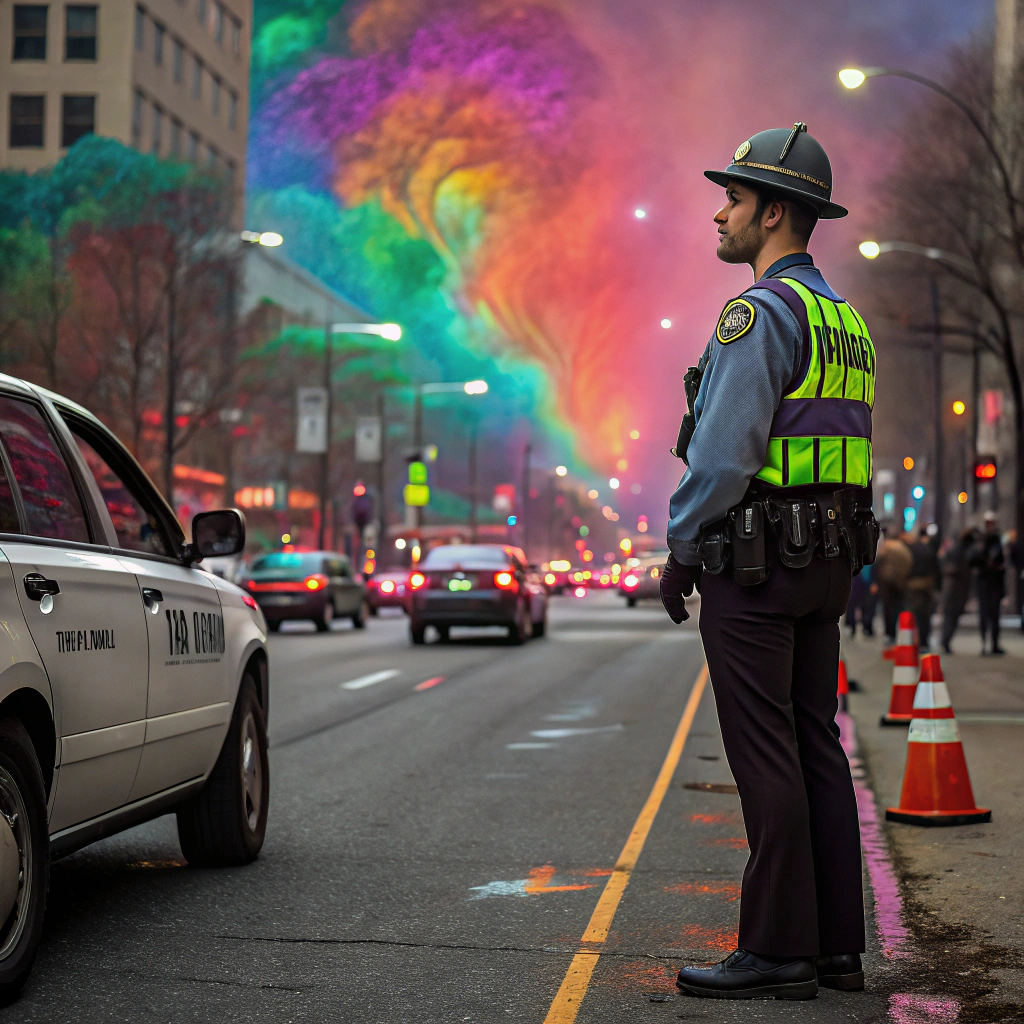 AI generated image by Red Panda AI: a traffic cop having a mushroom acid trip