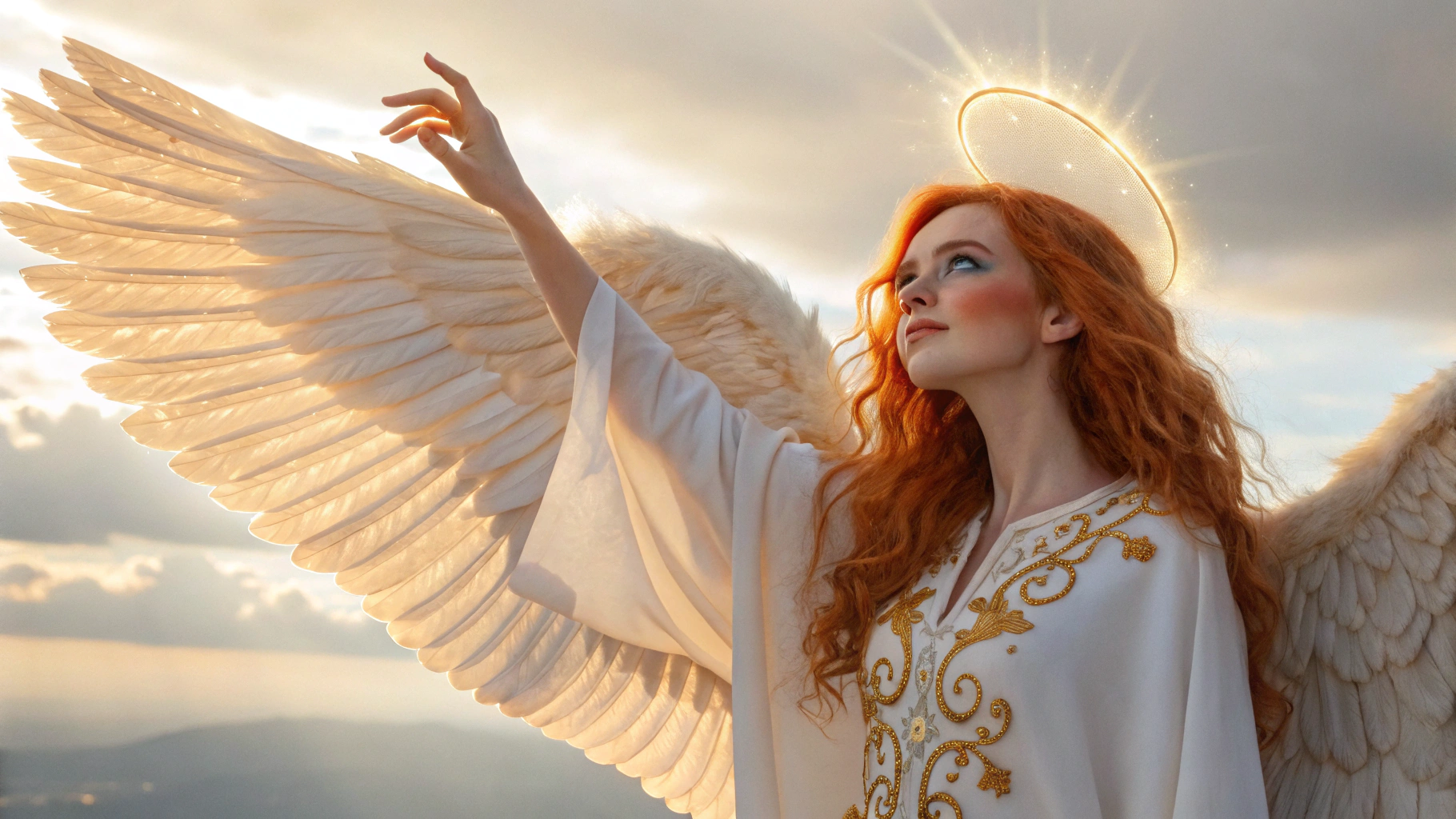 AI generated image by Red Panda AI: "A stunningly beautiful female angel with flowing orange-red hair and radiant blue eyes, standing gracefully in a heavenly setting. Her large, feathered wings shimmer with golden light as she gently extends one hand forward, releasing a soft, glowing aura of divine energy. She wears a delicate, glowing white robe with intricate golden embroidery, and her serene expression conveys peace and wisdom. The background features soft clouds, rays of warm sunlight breaking through, and a faint halo of light around her head. Her presence fills the scene with a sense of awe and tranquility."