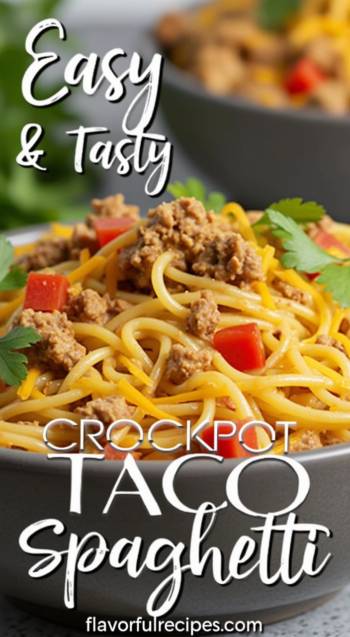 AI generated image by FLUX.1-pro: **Image Prompt:**

A delicious bowl of Crockpot Taco Spaghetti is served in a shallow gray ceramic bowl. The dish features spaghetti noodles, coated in a creamy, taco-seasoned sauce, interspersed with crumbles of browned ground beef. The noodles are generously topped with melted cheddar cheese, creating a rich golden-yellow hue. Bright red chunks of diced tomatoes and fresh green cilantro leaves garnish the dish, adding color and freshness. The textures are varied: smooth spaghetti, crumbly beef, and gooey cheese. The background is softly blurred with hints of greenery on the left side and a portion of a secondary dish nearby, giving a warm and inviting feel. Overlaid in bold, casual script are the words "Easy & Tasty CROCKPOT TACO SPAGHETTI," with "flavorfullrecipes.com" displayed in a clean, minimal font at the bottom. Soft, natural lighting highlights the vibrant colors and textures of the dish, making it look comforting and appetizing.