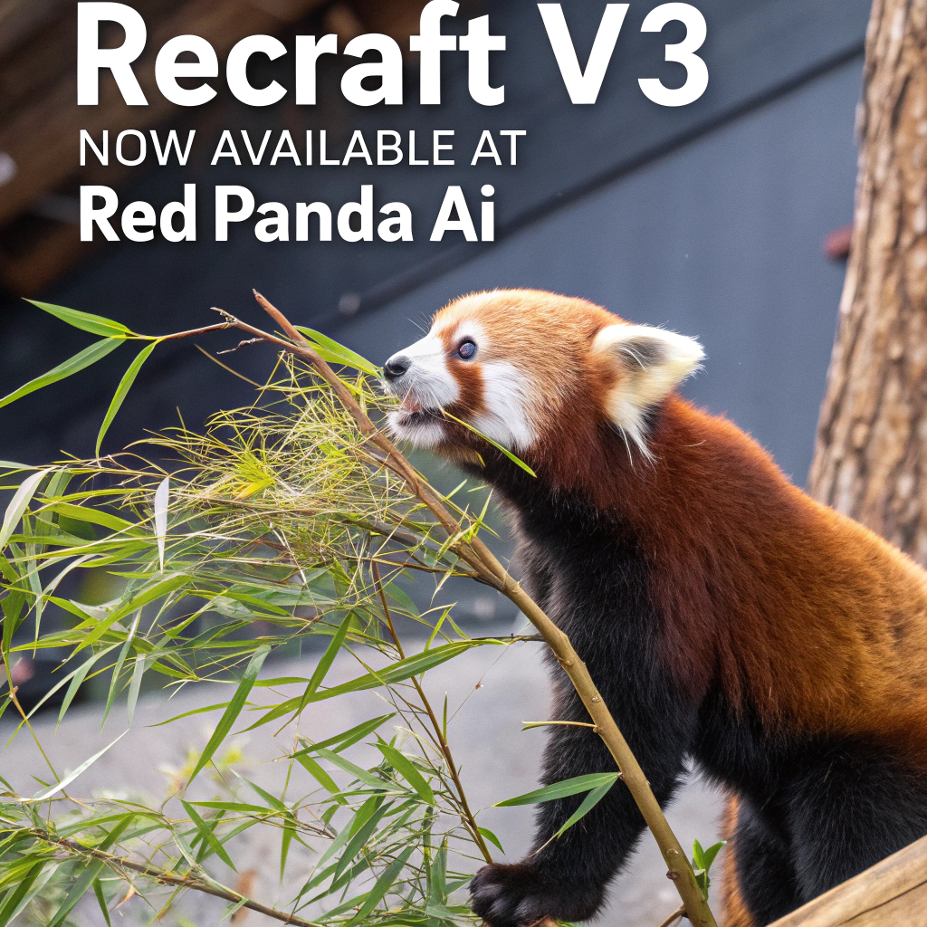 AI generated image by Red Panda AI: a red panda eating a bamboo in front of a poster that says "recraft V3 now available at red panda ai