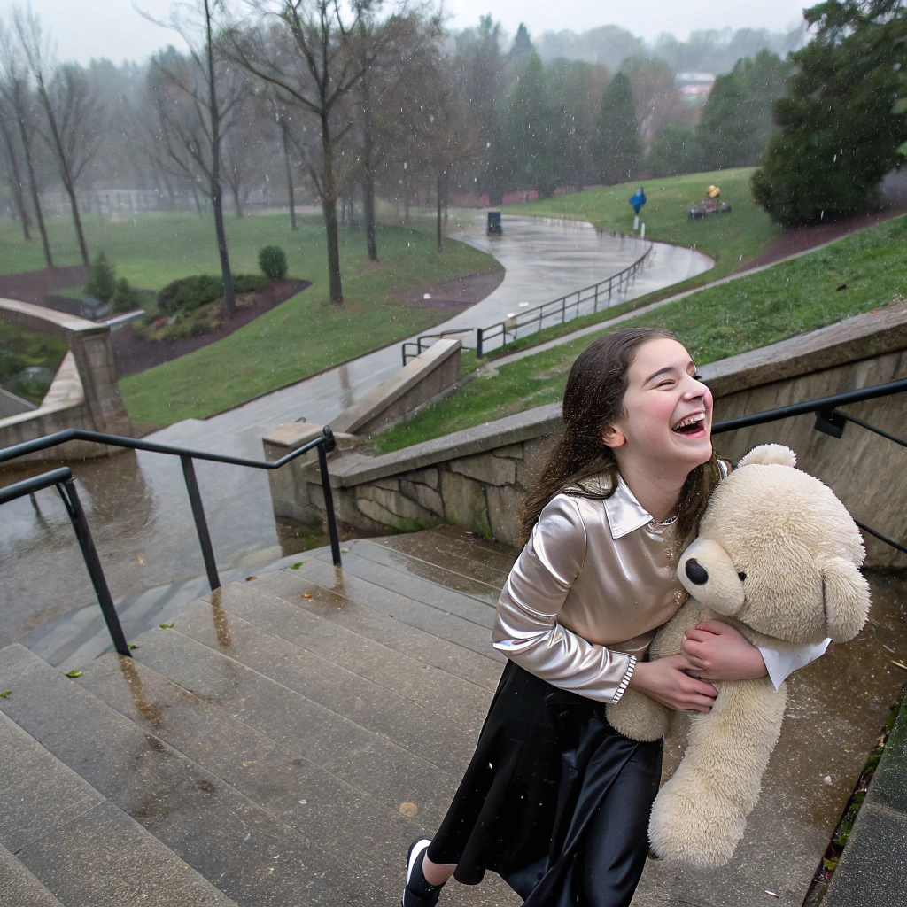AI generated image by Red Panda AI: (photo taken from the top) = in spring raining hard: down the park steps happy , French natural ((adorable French 13-year-old) catholic French girl)(French face) wearing her silk shirt with her black silk skirt,laugh, (her girlfriend is disguised as a giant teddy bear) bear hugging her tight
