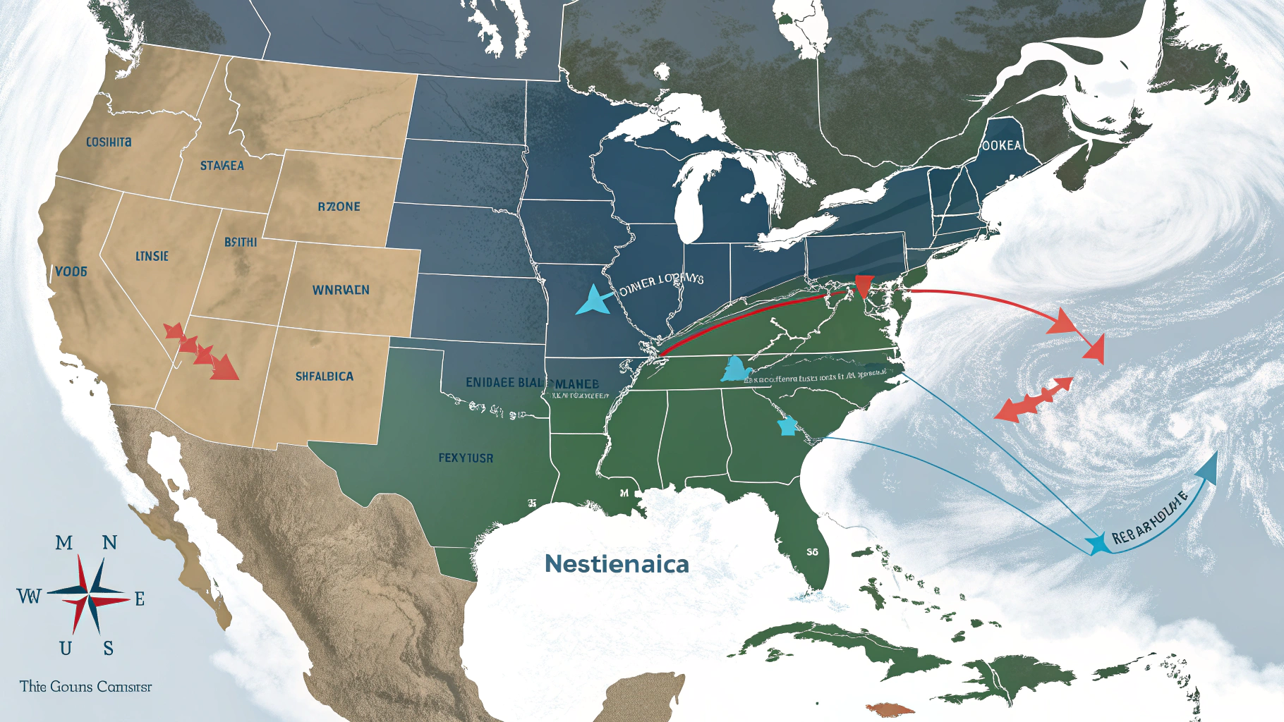 AI generated image by Red Panda AI: A weather radar map showing two distinct storm systems moving in different directions. One system shows intense activity over the United States with darkening clouds and directional arrows pointing downward, while international areas display clearer conditions with occasional light rain patterns. A compass rose in the corner emphasizes the divergent directions of these systems. The contrast between the regional weather patterns visually represents the market divergence concept without using market-specific imagery.