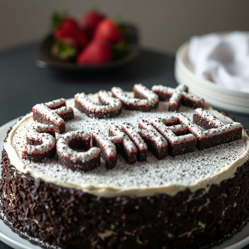 AI generated image by FLUX.1-schnell: black forest gateau cake spelling out the words "FLUX SCHNELL", tasty, food photography, dynamic shot
