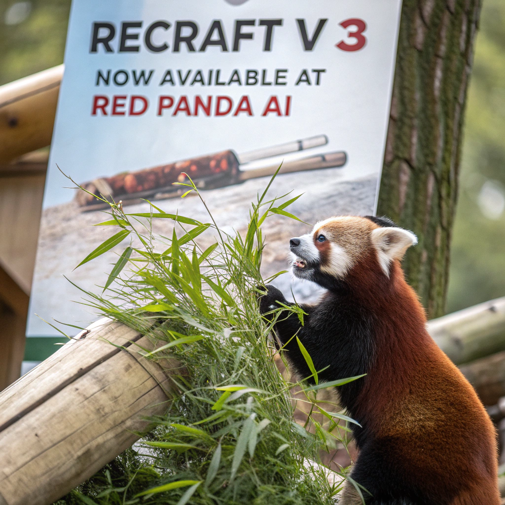 AI generated image by Red Panda AI: a red panda eating a bamboo in front of a poster that says "recraft V3 now available at red panda ai